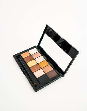 Cosmetic makeup powder set various shades, colors and a brush isolated against white top view 2020の写真素材