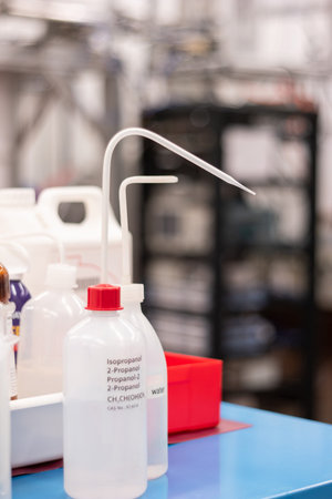 Various plastic bottle chemical containers in a science laboratory group shot shallow depth of field 2020の写真素材