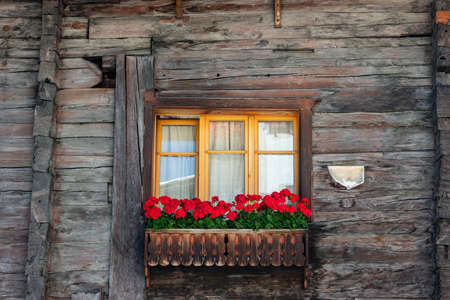 Rural wooden mountain cabin windows with beautiful vibrant flower decorations. 2020の写真素材