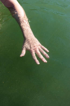 Caucasian male swimmer arm and hand extended under shallow lake water in the summer daylight 2020の写真素材