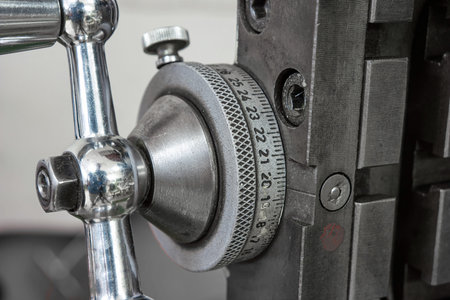 Vintage shop industrial grade drilling machine lathe tightening lever with graded scale.