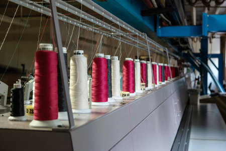 Colorful sewing thread rolls sitting on top of industrial embroidering machines.