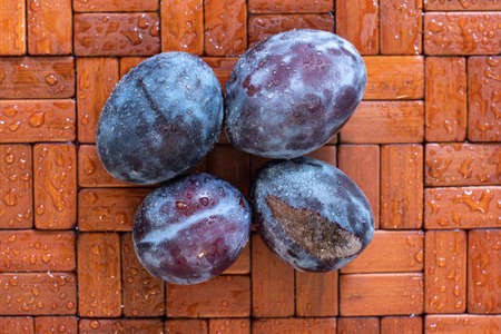 Ripe purple plums close together covered in water droplets top view close up.の写真素材