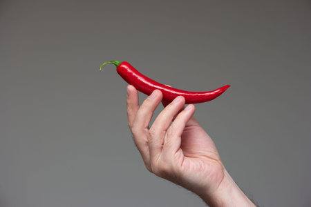 Red fresh raw chili pepper held in hand by Caucasian male hand isolated on gray background.の写真素材