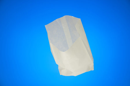 Small white opened paper sandwich bag studio shot isolated on blue background.