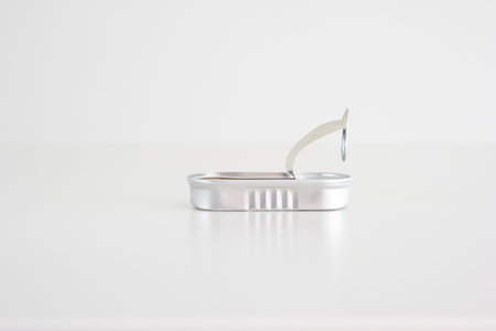 Opened empty fish tin can studio shot isolated on white front view.