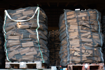 Pile of chopped dry firewood packaged in mesh on wooden pallets. Low angle view, no people.