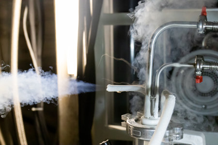 Liquid nitrogen gas emanating from pressurized tank thermal rubber hose connected to metal pipes and red hand valves.の写真素材