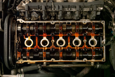 Opened oily car engine cylinder head. Top view, exposed cam shaft, no people.の写真素材