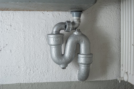 Thick plastic plumbing twisting tubes  inside communal laundry room inside apartment building. No...