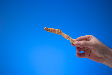 Homemade pastry bread stick held in hand by Caucasian male. Close up studio shot, isolated on blue background.の写真素材