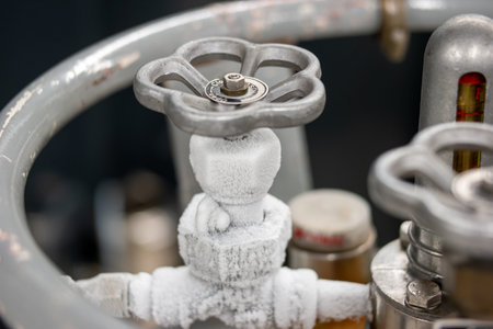 Frozen liquid nitrogen storage tank transfer valve. Close up shot, no people.の写真素材
