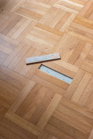 Unglued or unstuck wooden tile from an old apartment parquet floor. Visible ciment glue on the back side, top view, no people.の写真素材
