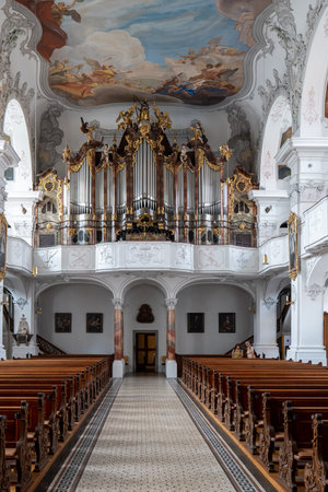 Lindau, Germany - July 21 - 2022: The Cathedral Church of our lady in Lindau, Notre-Dame Cathedral interior wide angle viewのeditorial素材