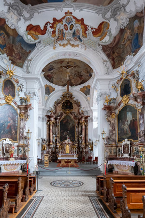 Lindau, Germany - July 21 - 2022: The Cathedral Church of our lady in Lindau, Notre-Dame Cathedral interior wide angle viewのeditorial素材
