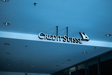 Large signage of Credit Suisse bank on building headquarters in Zurich city Switzerland on March 16 2023, no people..のeditorial素材