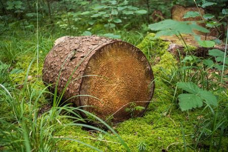 Cut down tree stump or log on a green forest floor. Forestry works, top view, no people.の写真素材