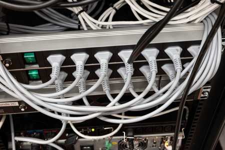 Neatly organized power cord extension cables with fully used plugs on an industrial rack. Indoors,...