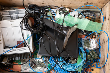 Pile of old electronic devices and cables ready for waste collection or recycling, no people.