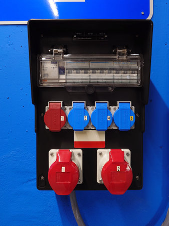 Wall mounted industrial electrical power socket and fuse box with plugs and cablesの写真素材