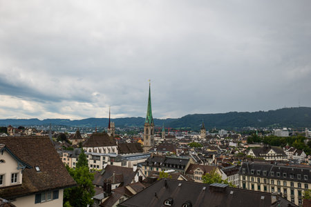 Aerial view of old town Zurch, Switzerland. As seen from ETH Zentrum university campus, cloudy, rainy weather, no people.の写真素材