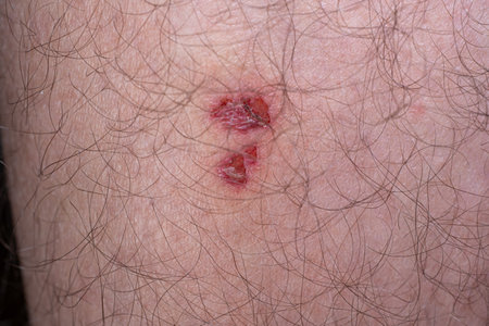 Healing skin or scar tissue macro shot. Caucasian male hairy leg, unrecognizable, no face.の写真素材