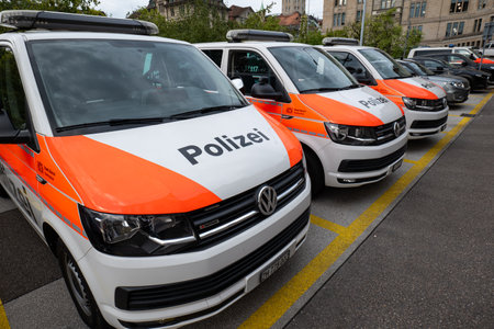 03-09-2024 Zurich, Switzerland. Parked Police vans near the police station down town, no people.のeditorial素材