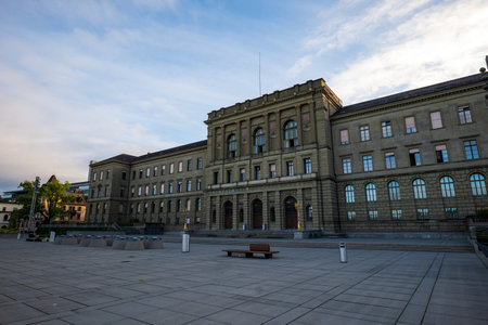 06-09-2024 Zurich, Switzerland. ETH University on RÃ¤mistrasse 101. Early summer morning panorama, wide angle, no people.のeditorial素材