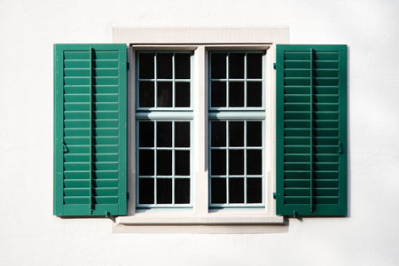 Old, vintage green, open wooden window shutters of a rural European house. Close up shot, front view, no .の写真素材