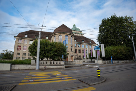 06-09-2024 Zurich, Switzerland. University of Zurich or UZH exterior building facade. Early summer morning, wide angle viewのeditorial素材