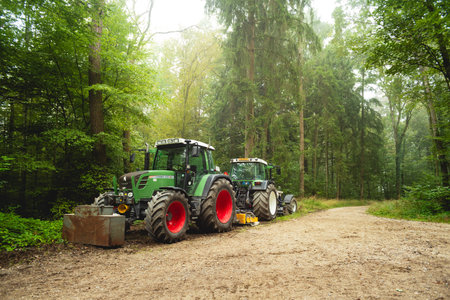 Large forestry work tractors on the side of the road in a European forest. Misty early summer...