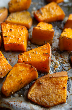Home made, oven roasted and seasoned pumpkin. Close up shot, top view, no people.の写真素材