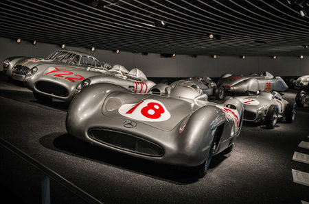 31-03-2018 Mercedes-Benz Museum, Stuttgart, Germany. A display of old Mercedes race cars from the...