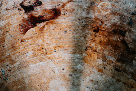 Scratched and dirty, oil stained burn marks on metal pan bottom. Close up macro shot, background texture, no people.の写真素材