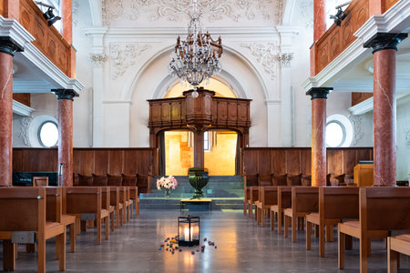 14-11-2024 Zurich, Switzerland. Saint Peter reformed church. Indoor, wide-angle view of the freshly renovated inside. Empty chairs, no people.のeditorial素材