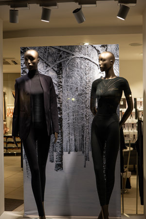 Female mannequins in store glass window display dressed in elegant autumn - winter full body underwearの写真素材