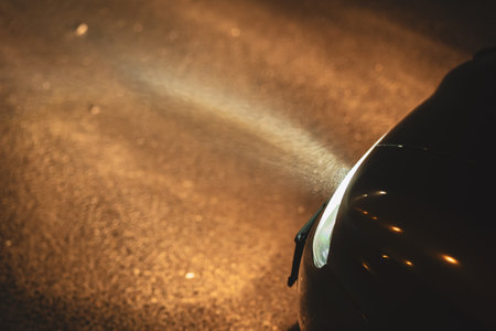 Car headlights illuminating the water particles of a thick winter fog on an empty road at night. Close up, moody shot, no people.の写真素材