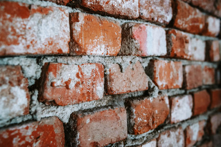 Old, run-down exterior brick wall texture with gray mortar stain. Close up shot, no people