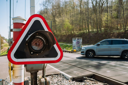 Railroad crossroad traffic signal or stop sign. Close up shot, shallow depth of field, blurry car crossing in the background.の写真素材