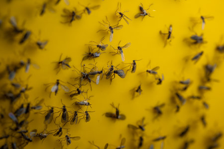 Trapped fungus gnats on sticky yellow trap paper. Close up, macro shot, no people.の写真素材