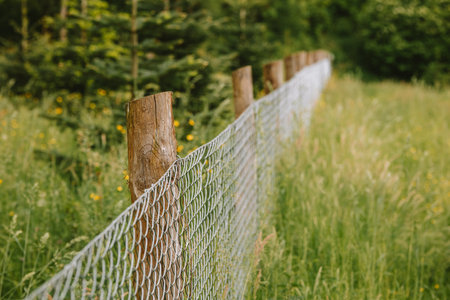 Chain link or wire mesh fence on wooden posts surrounded by tall green vegetation. Diminishing perspective, shallow depth of field, no peopleの写真素材