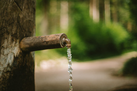 Drinking water fountain in a forest. Streaming fresh water from an old wood and metal faucet...