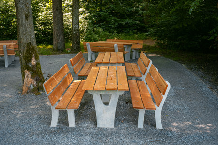 Newly build picnic benches in a public forest campsite in Europe. Wide angle view, sunny summer day, green vegetation, no peopleの写真素材