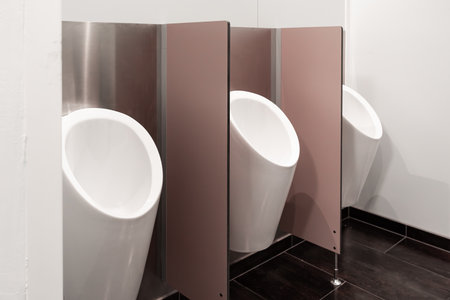 Men's public toilet or urinal bowls in a public bathroom, no peopleの写真素材