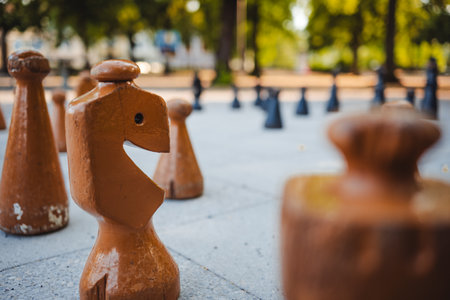Large, wooden knight chess piece as part of a public park giant chess board. Close up shot, shallow depth of field, no peopleの写真素材