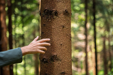 Caucasian male hand touching a tree trunk in a forest. Close up shot, shallow depth of field, rough...