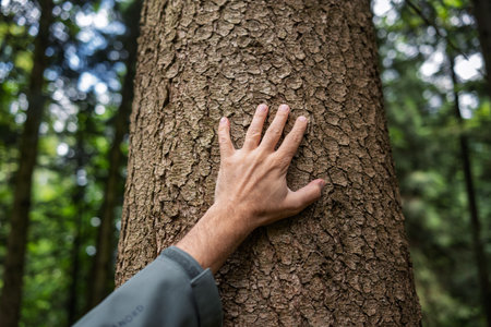Caucasian male hand touching a tree trunk in a forest. Close up shot, shallow depth of field, rough tree bark textureの写真素材