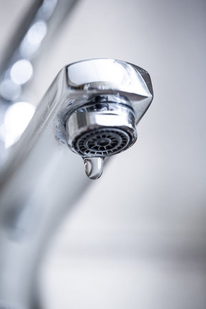 Dripping tap with water droplets inside apartment bathroom. Macro, close up, looking up shot,...