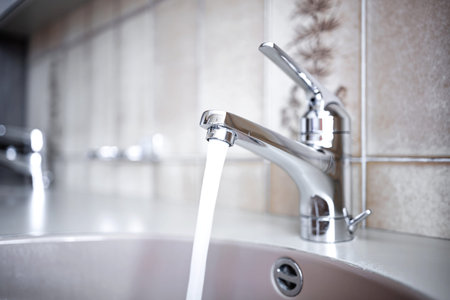 Shiny, chrome tap with running water stream inside apartment bathroom. Close up shot, shallow depth...