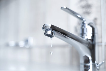 Dripping tap with water droplets inside apartment bathroom. Macro, close up shot, shallow depth of...